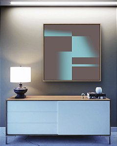 Quadro Quadrado Abstrato Degradê Geométrico Cinza Grafite Verde Turquesa Canvas Moldura