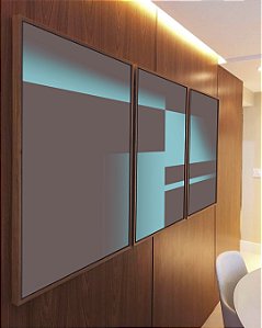 Trio de Quadros Abstrato Degradê Geométrico Cinza Grafite Verde Turquesa Canvas Moldura