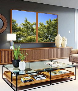 Duo de Quadros Árvores Folhagem Verde Céu Claro Limpo Natureza Paisagem Canvas Moldura