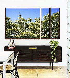 Trio de Quadros Estilizados Árvores Folhagem Verde Céu Claro Limpo Natureza Paisagem Canvas Moldura