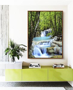 Quadro Vertical Cachoeira Água Azul Árvores Floresta Natureza Paisagem Canvas Moldura