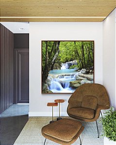 Quadro Quadrado Cachoeira Água Azul Árvores Floresta Natureza Paisagem Canvas Moldura
