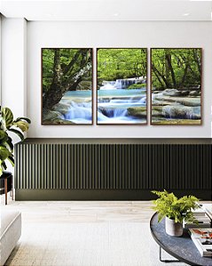 Trio de Quadros Cachoeira Água Azul Árvores Floresta Natureza Paisagem Canvas Moldura