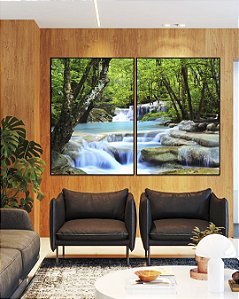Duo de Quadros Cachoeira Água Azul Árvores Floresta Natureza Paisagem Canvas Moldura