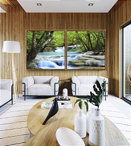 Duo de Quadros Quadrados Cachoeira Água Azul Árvores Floresta Natureza Paisagem Canvas Moldura