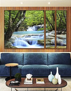 Trio de Quadros Estilizados Cachoeira Água Azul Árvores Floresta Natureza Paisagem Canvas Moldura
