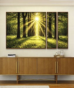 Trio de Quadros Estilizados Caminho Entre Árvores Luzes do Sol Natureza Paisagem Canvas Moldura