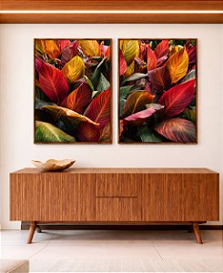 Duo de Quadros Folhagem Tropical Cróton Planta Colorida Natureza Paisagem Canvas Moldura