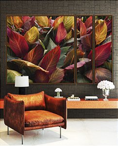Trio de Quadros Estilizados Folhagem Tropical Cróton Planta Colorida Natureza Paisagem Canvas Moldura