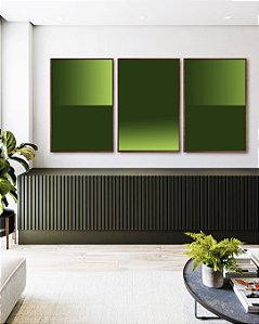 Trio de Quadros Abstrato Degradê Geométrico Verde Limão Canvas Moldura