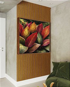 Quadro Quadrado Planta Cróton Colorida Folhagem Tropical Natureza Paisagem Canvas Moldura