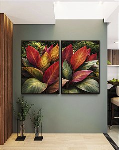 Duo de Quadros Planta Cróton Colorida Folhagem Tropical Natureza Paisagem Canvas Moldura