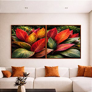 Duo de Quadros Quadrados Planta Cróton Colorida Folhagem Tropical Natureza Canvas Moldura