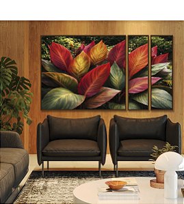 Trio de Quadros Estilizados Planta Cróton Colorida Folhagem Tropical Natureza Canvas Moldura