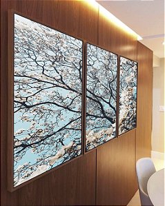 Trio de Quadros Árvore Flores Brancas Céu Azul Claro Natureza Paisagem Canvas Moldura