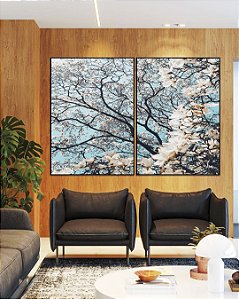 Duo de Quadros Árvore Flores Brancas Céu Azul Claro Natureza Paisagem Canvas Moldura