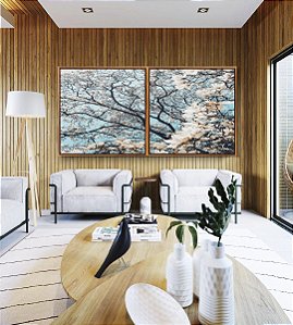 Duo de Quadros Quadrados Árvore Flores Brancas Céu Azul Claro Natureza Paisagem Canvas Moldura