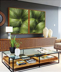 Duo de Quadros Planta Palmeira-Leque Verde Folhagem Natureza Canvas Moldura