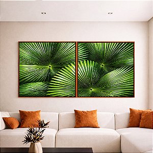 Duo de Quadros Quadrados Planta Palmeira-Leque Verde Folhagem Natureza Canvas Moldura