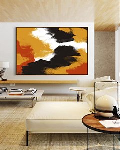 Quadro Horizontal Abstrato Amarelo Laranja Abóbora Preto Efeito Pintura Canvas Moldura