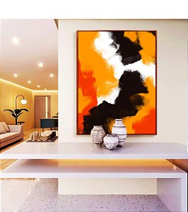 Quadro Vertical Abstrato Amarelo Laranja Abóbora Preto Efeito Pintura Canvas Moldura