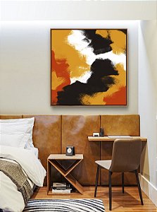 Quadro Quadrado Abstrato Amarelo Laranja Abóbora Preto Efeito Pintura Canvas Moldura