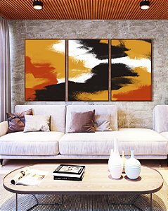 Trio de Quadros Abstrato Amarelo Laranja Abóbora Preto Efeito Pintura Canvas Moldura
