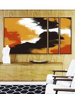 Trio de Quadros Estilizados Abstrato Amarelo Laranja Abóbora Preto Efeito Pintura Canvas Moldura