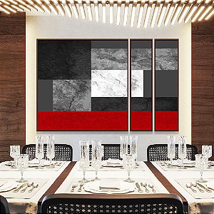 Trio de Quadros Estilizados Abstrato Cinza Concreto Vermelho Geométrico Minimalista Canvas Moldura
