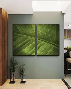 Duo de Quadros Folha Verde Intenso Textura Natureza Paisagem Canvas Moldura