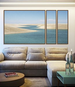 Trio de Quadros Estilizados Dunas Praia Mar Água Turquesa Céu Azul Claro Natureza Canvas Moldura