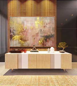 Quadro Horizontal Abstrato Rosa Dourado Cinza Efeito Pintura Canvas Moldura