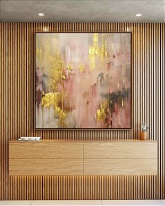 Quadro Quadrado Abstrato Rosa Dourado Cinza Efeito Pintura Canvas Moldura