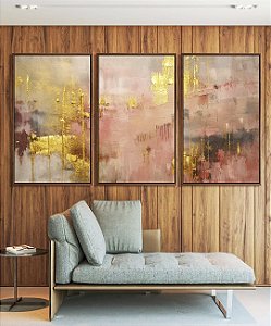 Trio de Quadros Abstrato Rosa Dourado Cinza Efeito Pintura Canvas Moldura