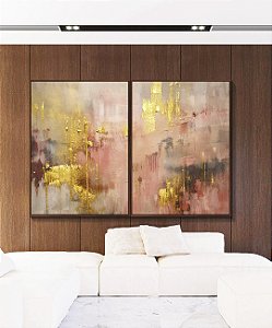 Duo de Quadros Abstrato Rosa Dourado Cinza Efeito Pintura Canvas Moldura
