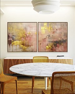 Duo de Quadros Quadrados Abstrato Rosa Dourado Cinza Efeito Pintura Canvas Moldura
