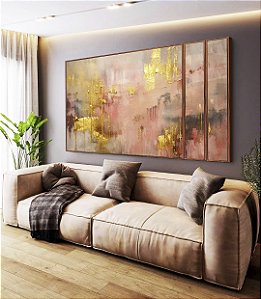 Trio de Quadros Estilizados Abstrato Rosa Dourado Cinza Efeito Pintura Canvas Moldura