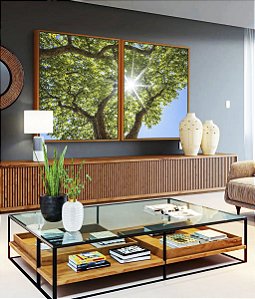 Duo de Quadros Natureza Folhas Verdes Árvore Céu Azul Sol Canvas Moldura