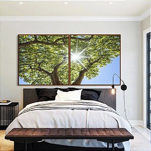 Duo de Quadros Quadrados Natureza Folhas Verdes Árvore Céu Azul Sol Canvas Moldura