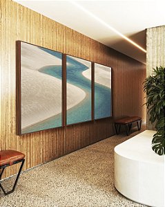 Trio de Quadros Mar Azul Dunas de Areia Branca Natureza Canvas Moldura