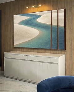 Trio de Quadros Estilizados Mar Azul Dunas de Areia Branca Natureza Canvas Moldura