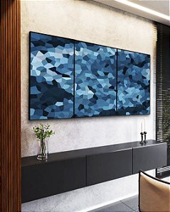 Trio de Quadros Abstrato Mosaico Azul Marinho Claro Canvas Moldura