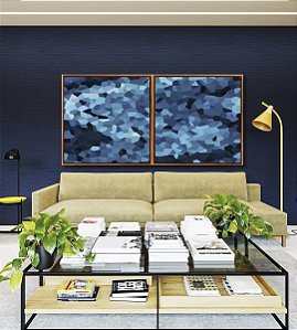 Duo de Quadros Quadrados Abstrato Mosaico Azul Marinho Claro Canvas Moldura