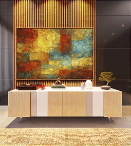 Quadro Horizontal Abstrato Textura Amarelo Laranja Turquesa Canvas Moldura