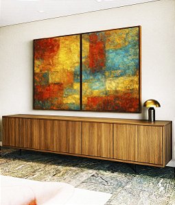 Duo de Quadros Abstrato Textura Amarelo Laranja Turquesa Canvas Moldura