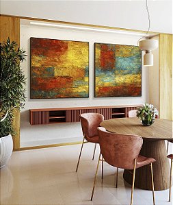 Duo de Quadros Quadrados Abstrato Textura Amarelo Laranja Turquesa Canvas Moldura