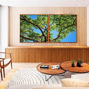 Duo de Quadros Quadrados Copa de Árvore Folhas Verdes Céu Azul Vivo Natureza Canvas Moldura