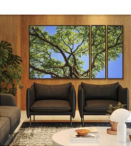 Trio de Quadros Estilizados Copa de Árvore Folhas Verdes Céu Azul Vivo Natureza Canvas Moldura
