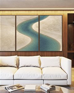 Trio de Quadros Água Turquesa Praia Dunas Areia Branca Canvas Moldura
