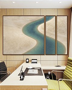 Trio de Quadros Estilizados Água Turquesa Praia Dunas Areia Branca Canvas Moldura